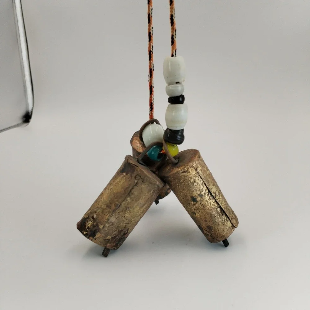 Vintage Rustic Harmony Cow Bells Cluster Set of 3 Brass Iron Boho Hanging Cord